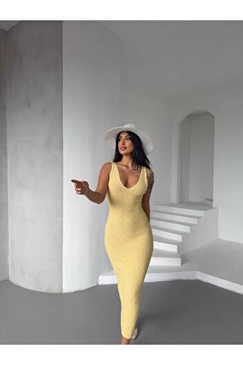 Cistern İstanbul Kadın Sarı Ön Arka V Yaka Yeni Sezon Yazlık Triko Elbise