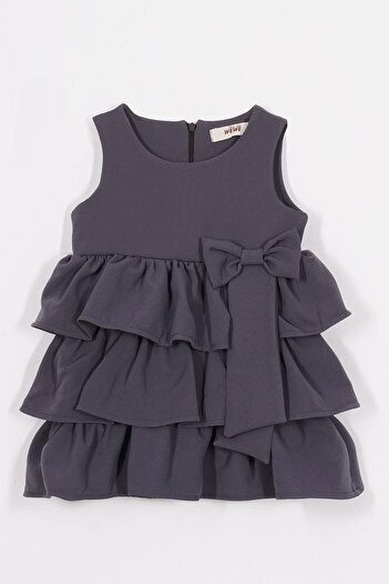 zepkids Crew Neck Ribbon Detailed Skirt Ruffled Zero Sleeve Dark Gray Color Girl's Dress