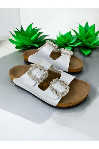 Dilesa White Women's Stone Buckle Orthopedic Sole Slippers Double Banded Buckle Daily Comfortable Home & Outdoor Slippers