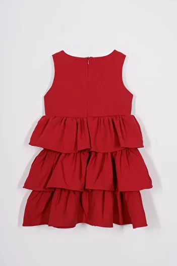 zepkids Crew Neck Ribbon Detailed Skirt Ruffled Zero Sleeve Red Color Girl's Dress