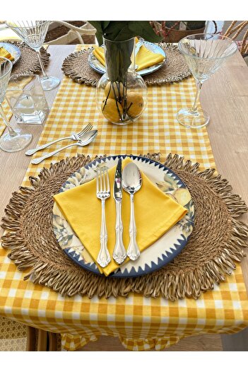 Decamor home 6 ad Set Oval Fırfırlı Hasır Supla ve 6 ad Hasır Peçete Yüzüğü