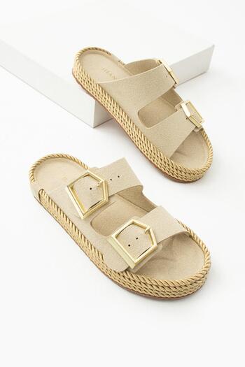 diclepolat Women's Double Buckle Daily Slippers Lipaz Beige Suede