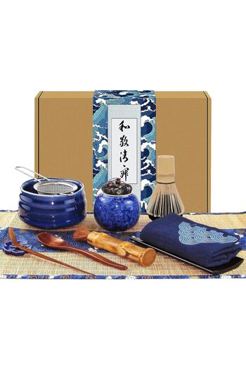 Artcome 12 Parçalı Japon Matcha Çay Seti, Mavi Seremoni Kasesi, Bambu Çırpıcı, Süzgeç ve Kaşık ile