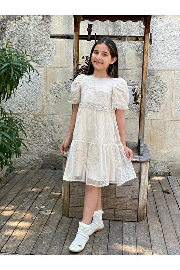 HC Kids Wear Kız Çocuk Tül Nakış Desenli Yazlık Bayramlık Mezuniyet Elbisesi