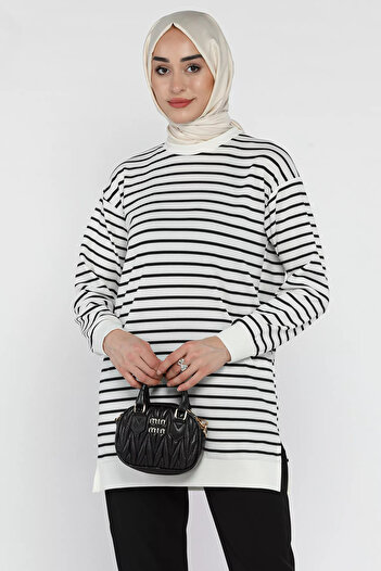 julude White Striped Hijab Tunic