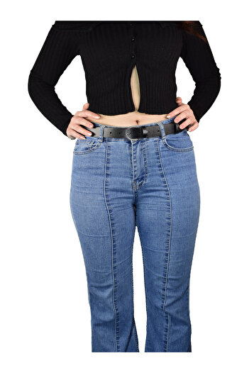 GoDeri %100 Hakiki Deri Gümüş Tokalı Siyah Ince Kadın Kemeri, 3cm=3cm-kdn-01