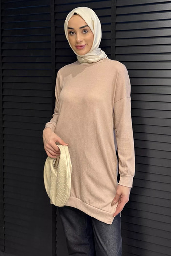 julude Beige Women's Crew Neck Slit Detailed Wrapped Hijab Tunic