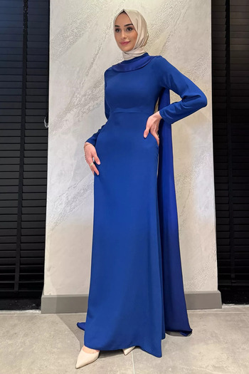 julude Sax Blue Pearl Detailed Hijab Evening Dress