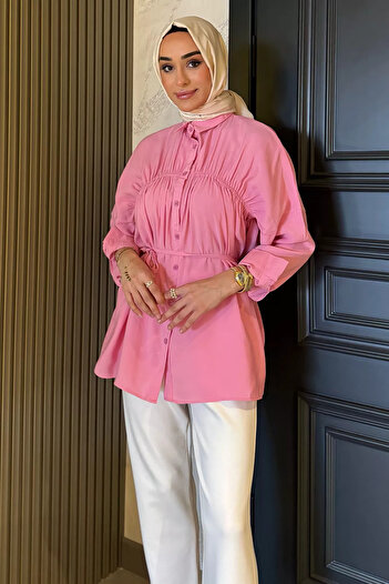 julude Pink Women's Front Gather Detailed Waist Tie Hijab Tunic