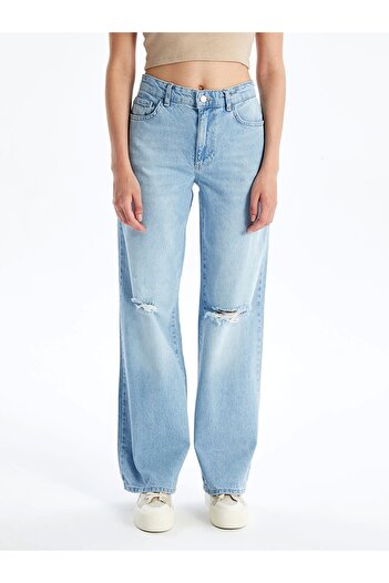 LC Waikiki Lcw Jeans Indigo Wideleg Women's Jean Pants with Ripped Detail