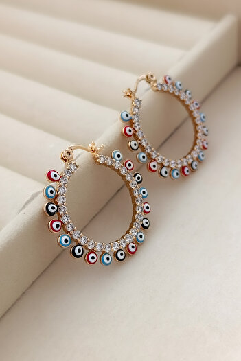 COSİTA Evil Eye Bead Row Zircon Stone Detailed Rose Hoop Clip Earrings