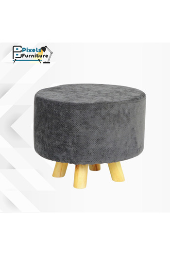 PixelsFurniture Round pouf seat with linen fabric and wooden bases from Pixel Furniture