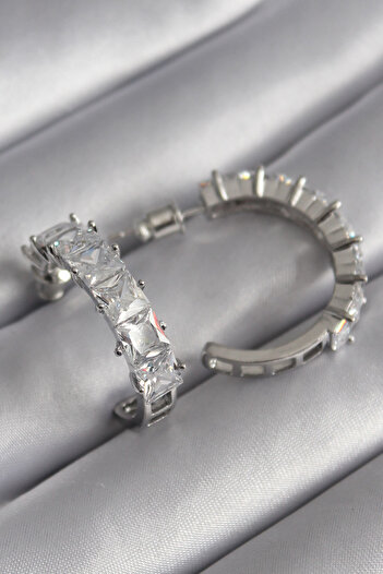 SeyCey.co Brass Silver Color Zircon Stone Hoop Model Women's Earrings