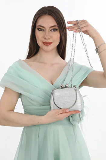 besmoda Women's Silver Striped Heart Detail Evening Dress Bag with Shoulder Strap