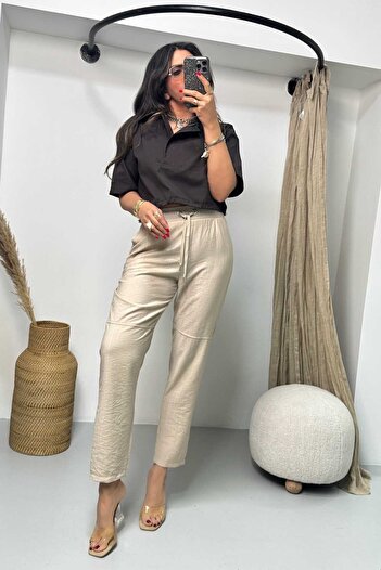 Sohotique By P Wrinkled Viscose Carrot Trousers Beige