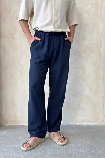 HYMAN Men's Elastic Waist Baggy Fit Linen Trousers
