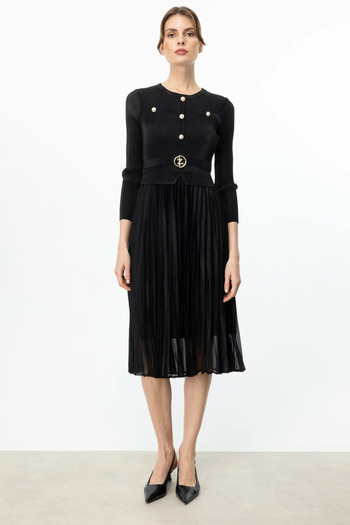Ekol Accordion Fabric Ornamental Button Dress Black