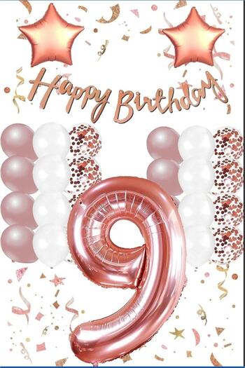 hediyeofisi Rose Gold Concept 9 Year Old Birthday Set Number and Star Foil Balloon Banner and 24 Balloons and Stamps