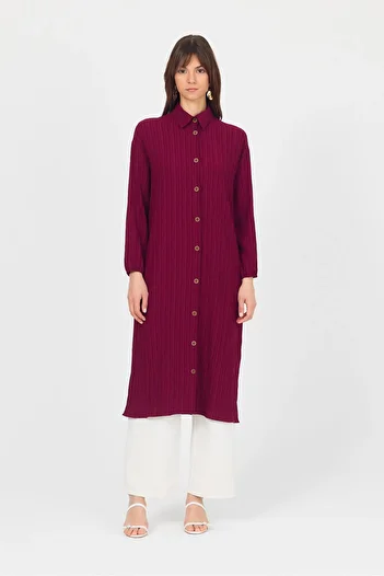 Rays Burgundy Buttoned Elastic Sleeve Long Tunic 4507A