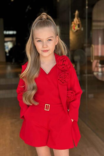 Riccotarz Girl's Gold Buttoned and Rose Brooch Blazer Jacket Suspender Combed Cotton Blouse Red Shorts Suit