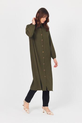Rays Khaki Buttoned Sleeve Elastic Long Tunic 4507A