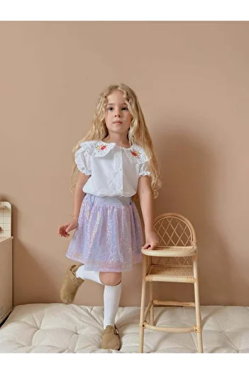 MİNİKO KİDS Girl's Short Sleeve Shirt with Sequin Skirt Holiday Suit