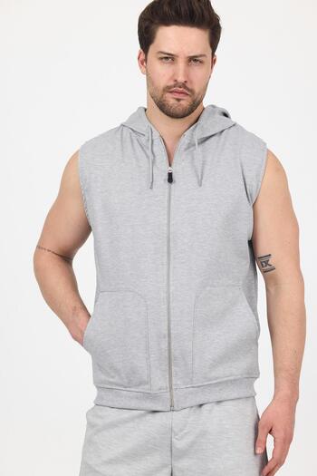 DAMGA JEANS Men's Hooded Sleeveless Zippered Summer Long Gray Sweat Vest