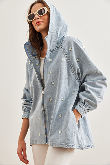 Olalook Jachetă de damă din denim cu glugă cu broderie albastră - buzunare, fermoar CKT- 19000380