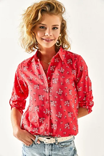 Olalook Women's Red Floral Sleeve Folded Linen Shirt GML-19000825