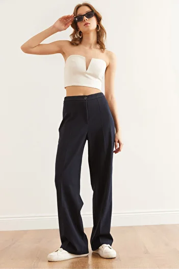 Olalook Navy Blue Single Button Palazzo Women's Trousers - Polyviscose Pnt- 19000296