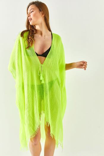 Olalook Women's Neon Green Slit Laced Pareo Kimono KMN-00000063