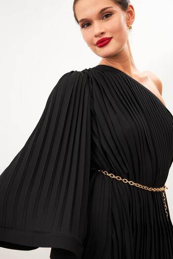 Setre Black One-Shoulder Pleat Detailed Loose Dress