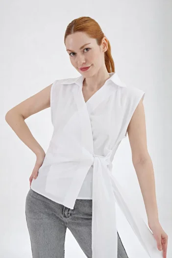 LE CARAMBOLE Women's White Collar Side Tie Detailed Sleeveless Poplin Woven Fabric Shirt