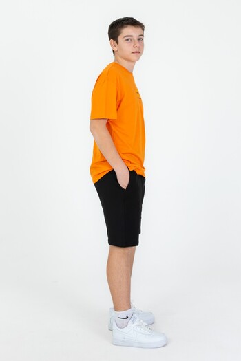 Black One Print Detailed Double Pocket Shorts Summer Crew Neck Boy's Bottom Top Set