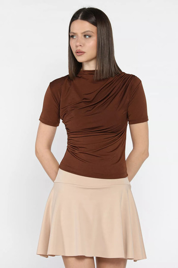 GÜLSELİ Brown Women's Shoulder and Waist Draped Short Sleeve Blouse