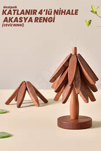 Destpak (Acacia Color) 4-Piece Wooden Trivet with Stand - Walnut Trivet Practical Folding Trivet Walnut Coaster
