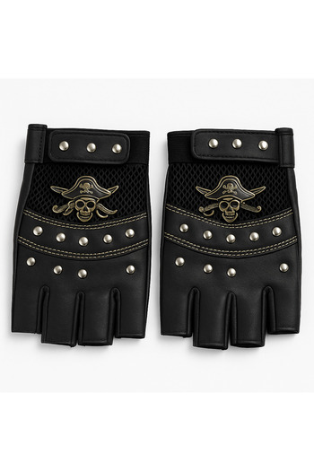 CosmoOutlet Faux Leather Pirates of the Caribbean Black Cutout Gloves with Metal Fittings