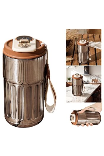 PUFO Luxury thermos mug with LED temperature indicator, 400 ml, silver/brown