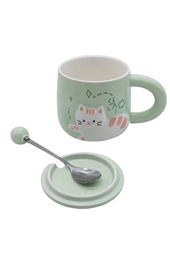 PUFO Happy Kitty ceramic mug with lid and spoon for coffee or tea, 350 ml, green