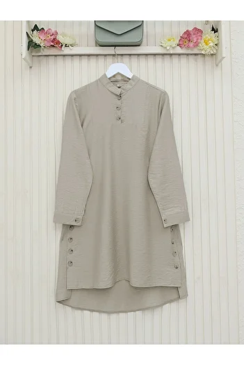Modamorfo Judge Collar Tunic with Button Detail on the Sides - Light Mink