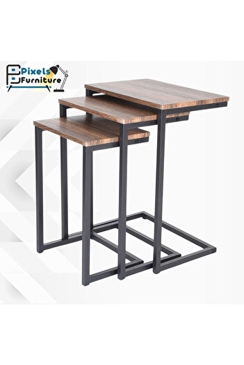 PixelsFurniture طقم طاولات جانبية متداخلة بتصميم ريفي عصري مكون من 3 قطع من بكسل الأثاث