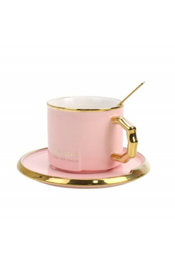 PUFO Luxury ceramic mug and spoon for coffee or tea, 230 ml, pink