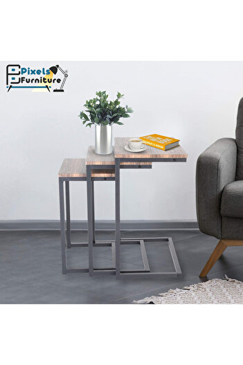 PixelsFurniture طقم طاولات جانبية متداخلة بتصميم ريفي عصري مكون من 3 قطع من بكسل الأثاث