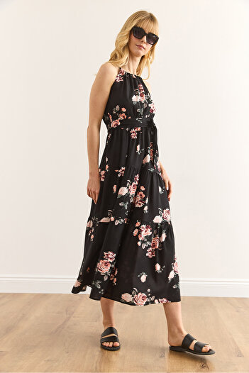 Olalook Women's Black Rose Halter Neck Belted Woven Viscon Dress Elb-19001548