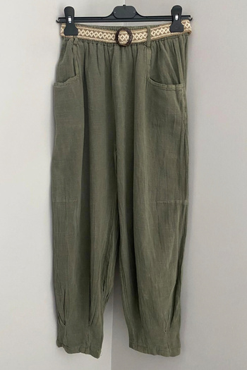 AYASOFYA OTANTIK Women's Khaki Elastic Waist Belt Detailed Cotton Linen Trousers with Pockets