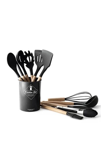 KUNFLEX Heat Resistant Wooden Handle Fireproof Non-Stick Silicone Spatula Set (11 1) 12 Pieces