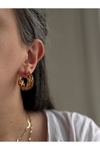 Owentis Çelik Rose Gold Pullu Desen İkili Halka Grime Küpe -kararma yapmaz-