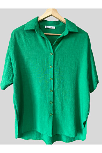 Damla Oversize Wide Fit Linen Blended Short Sleeve Shirt