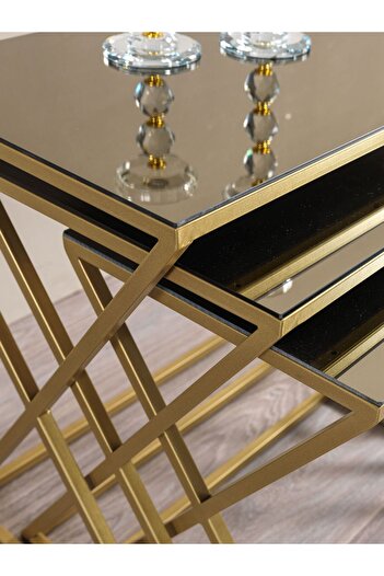 Mobievim Venedik Bronz Aynalı Zigon Sehpa 3’lü Set – Gold Metal Ayaklı Modern Tasarım