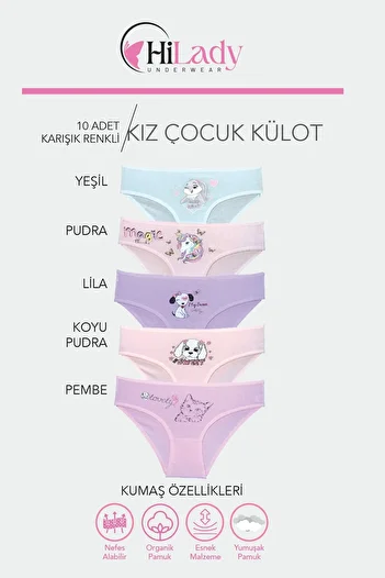 Hilady Slip pentru fete, pachet de 10, bumbac, culori moi, slip pentru fete